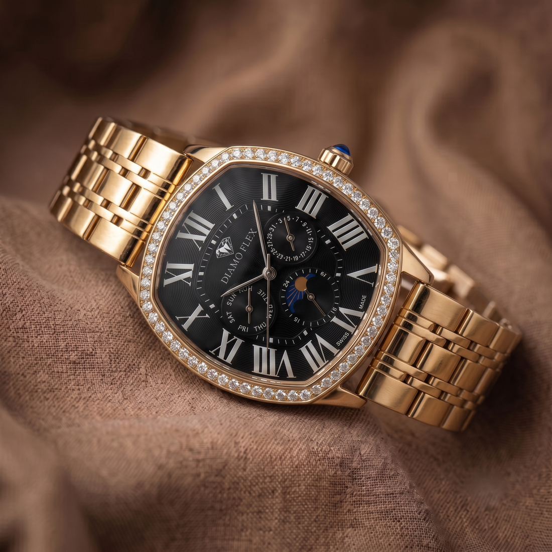 DIAMO FLEX Rose Gold Black Dial Luxury Watch with Round Brilliant Cubic Zirconia Bezel