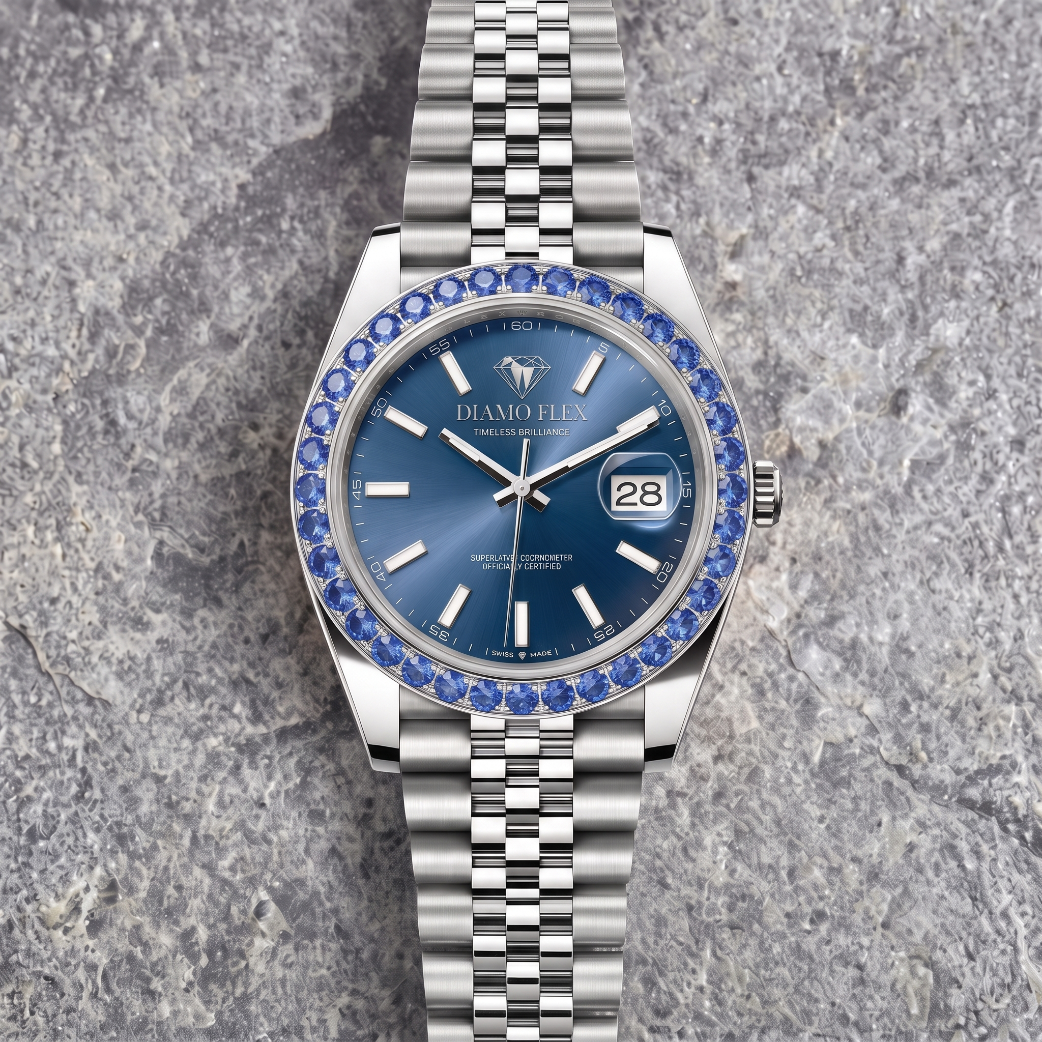 DIAMO FLEX Blue Dial Luxury Watch with Blue Round Brilliant Cubic Zirconia Bezel