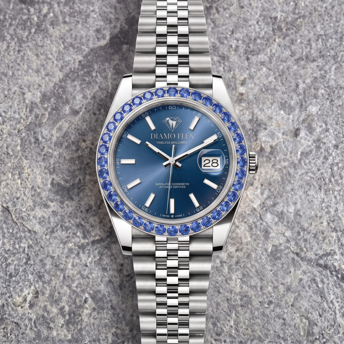 DIAMO FLEX Blue Dial Luxury Watch with Blue Round Brilliant Cubic Zirconia Bezel
