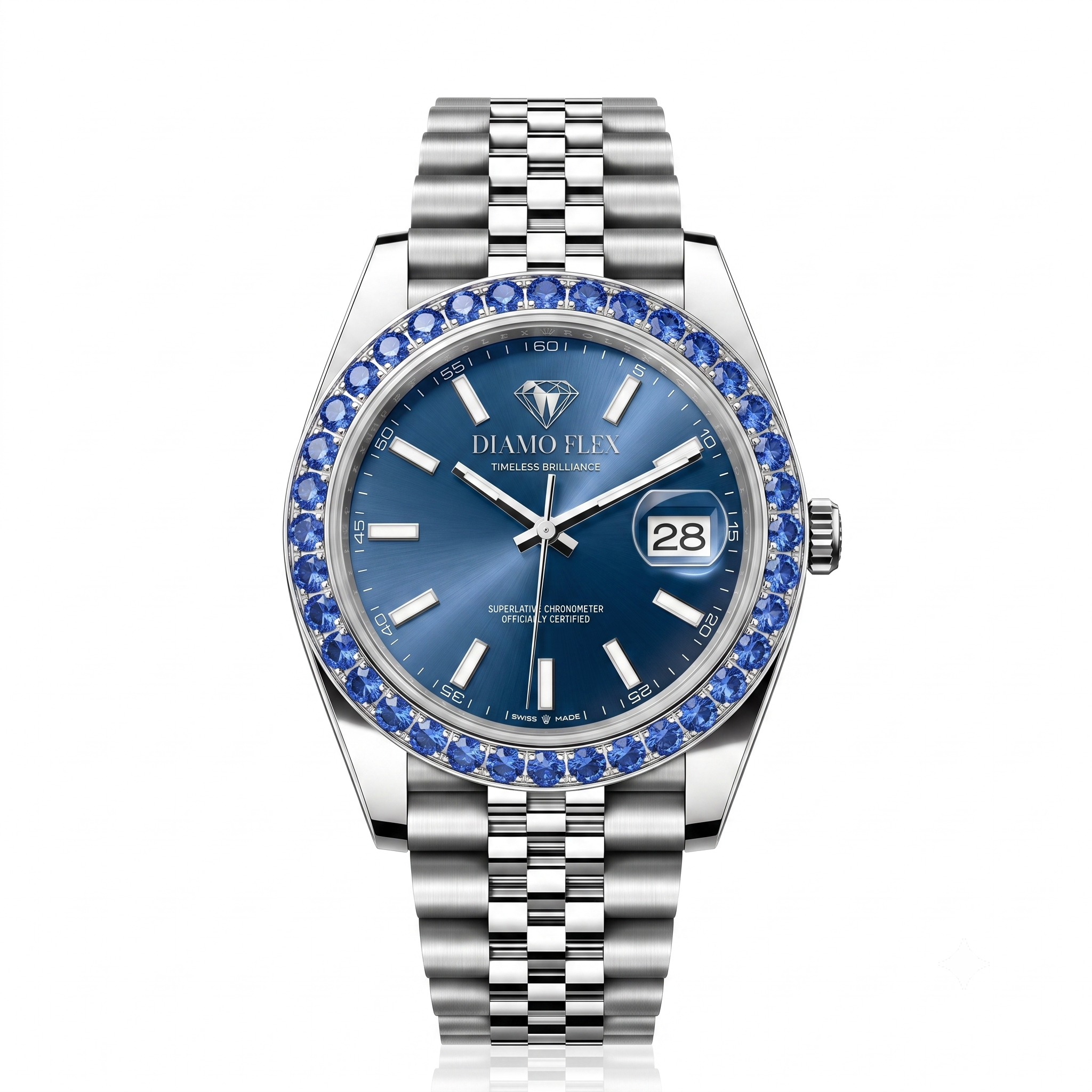 DIAMO FLEX Blue Dial Luxury Watch with Blue Round Brilliant Cubic Zirconia Bezel