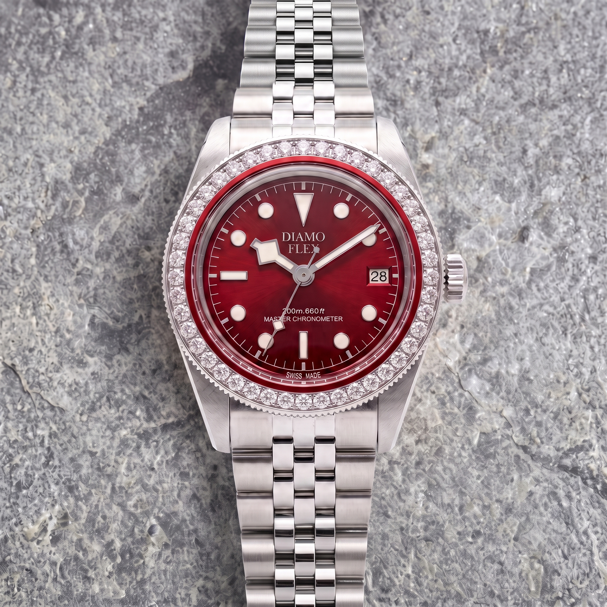 DIAMO FLEX Red Dial Luxury Watch | Round Brilliant CZ Bezel Men's Watch