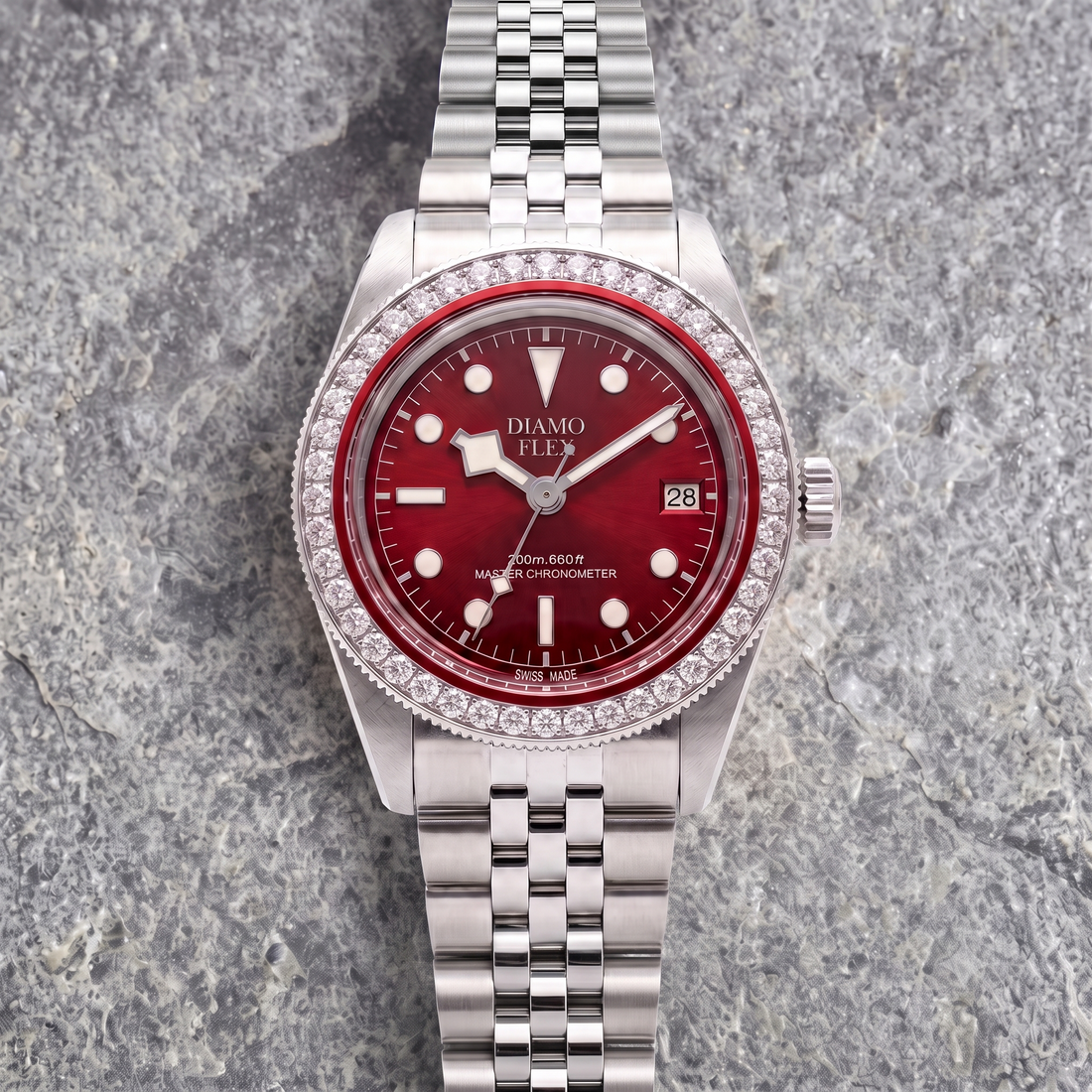 DIAMO FLEX Red Dial Luxury Watch | Round Brilliant CZ Bezel Men's Watch