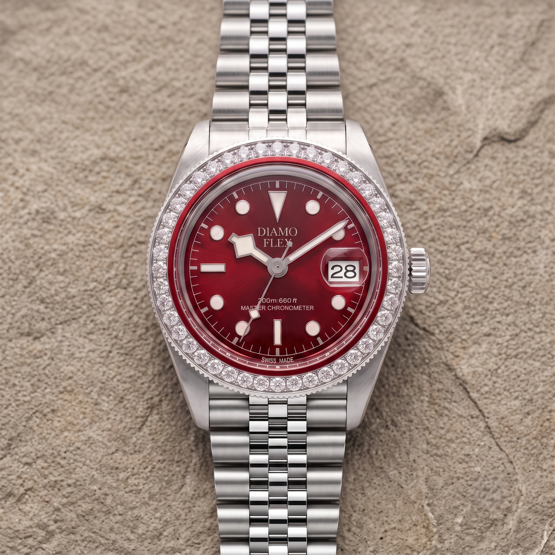 DIAMO FLEX Red Dial Luxury Watch | Round Brilliant CZ Bezel Men's Watch