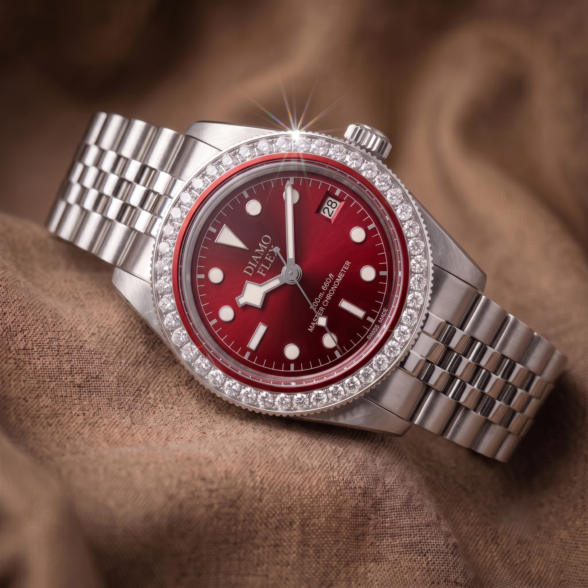 DIAMO FLEX Red Dial Luxury Watch | Round Brilliant CZ Bezel Men's Watch