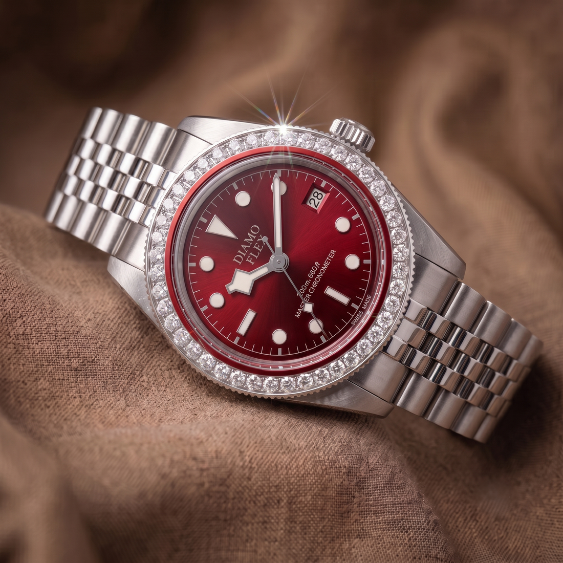 DIAMO FLEX Red Dial Luxury Watch | Round Brilliant CZ Bezel Men's Watch