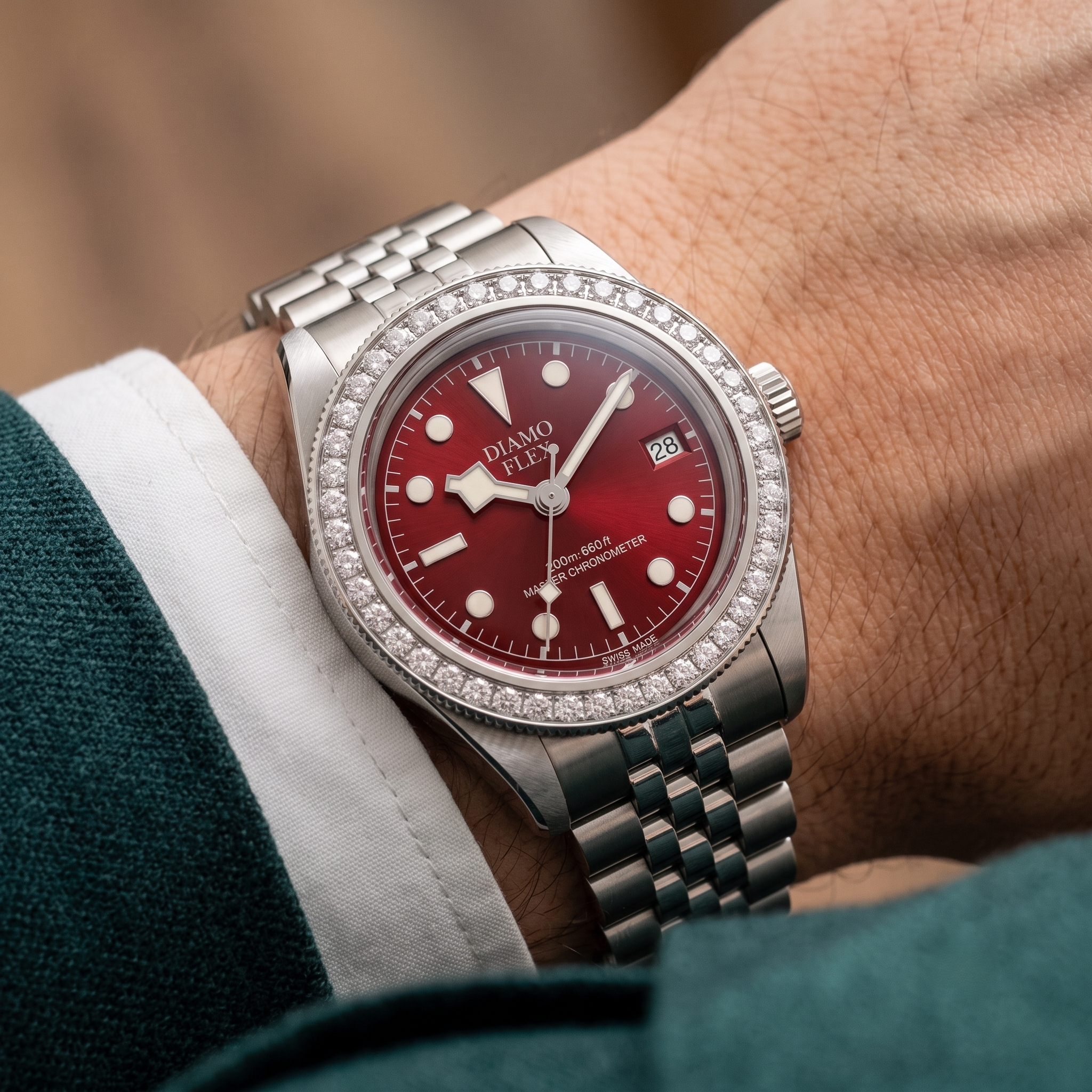 DIAMO FLEX Red Dial Luxury Watch | Round Brilliant CZ Bezel Men's Watch