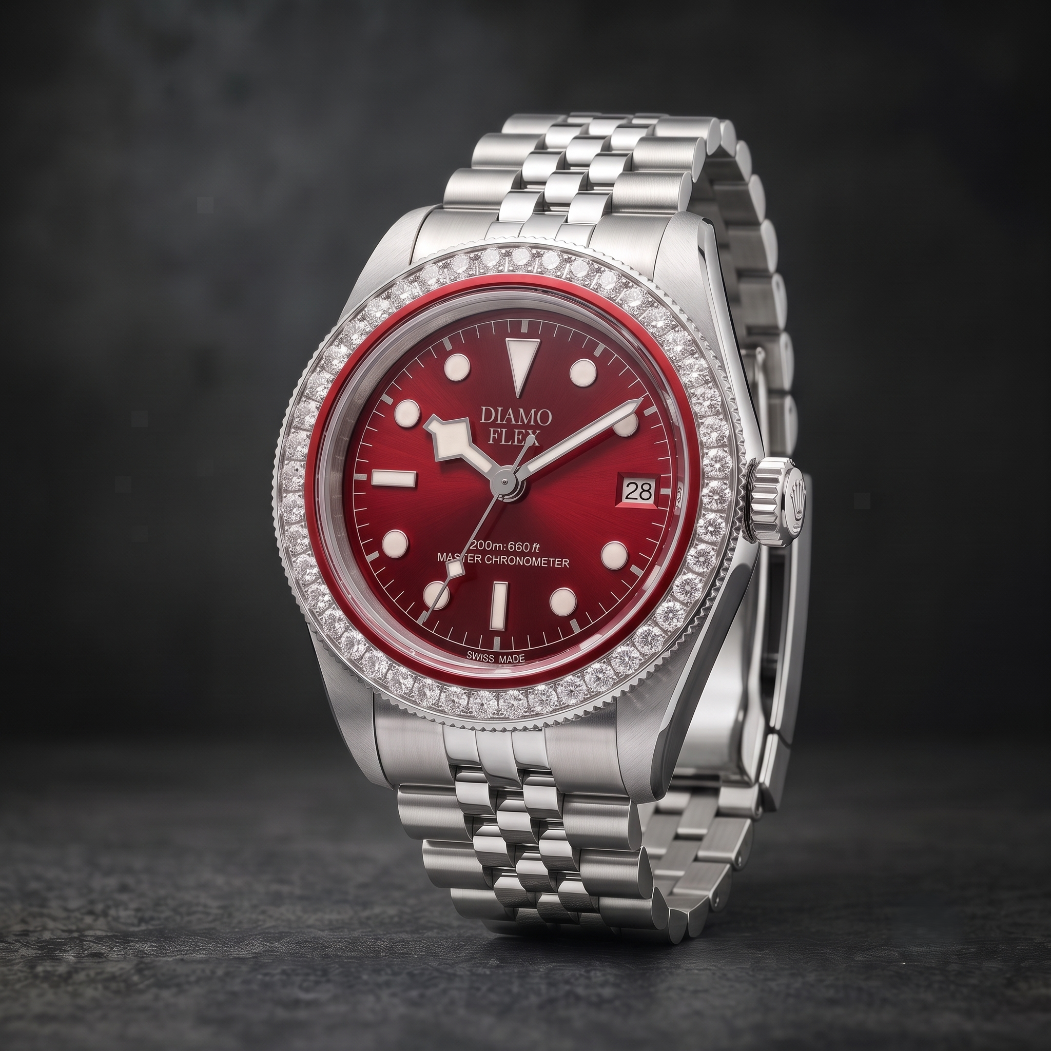 DIAMO FLEX Red Dial Luxury Watch | Round Brilliant CZ Bezel Men's Watch