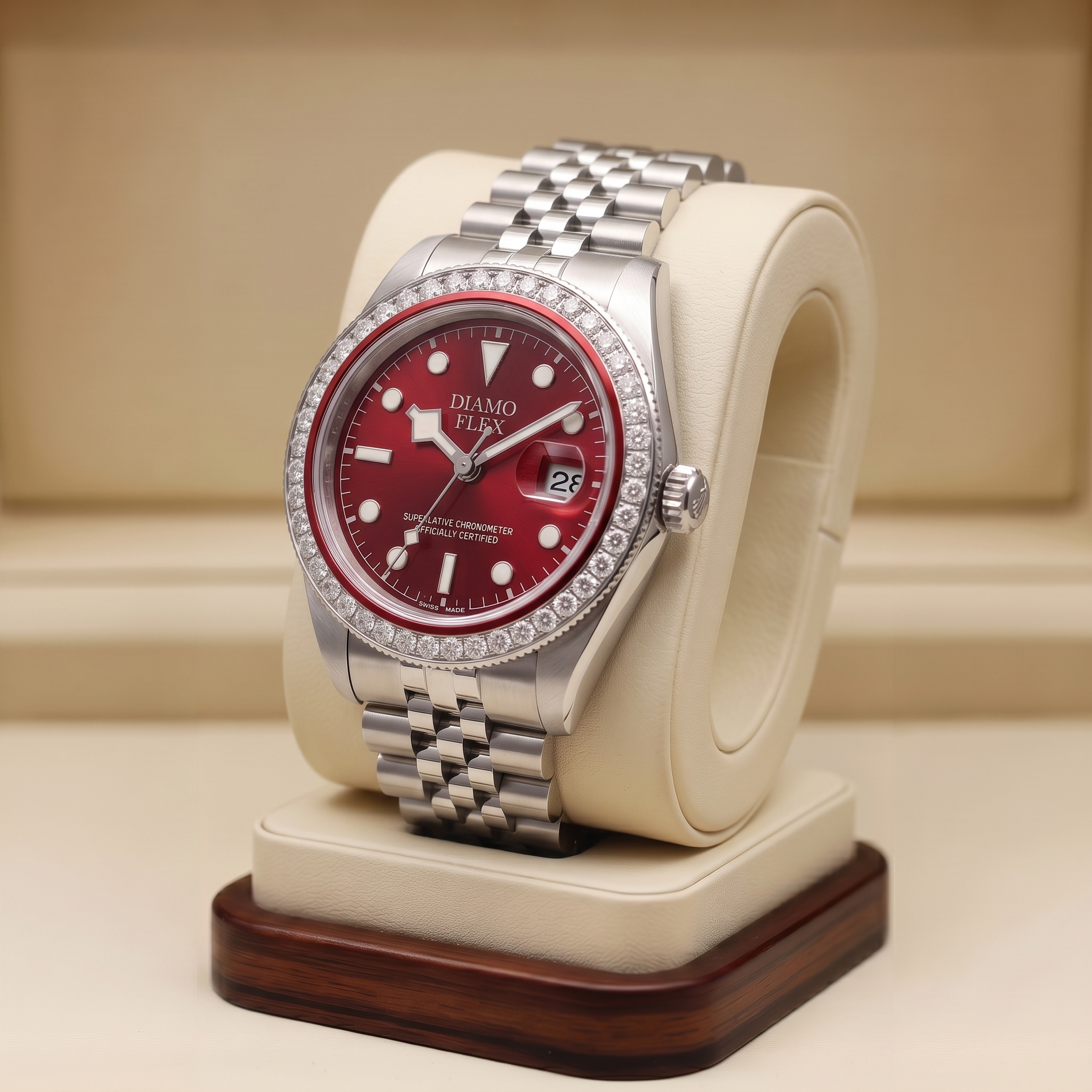 DIAMO FLEX Red Dial Luxury Watch | Round Brilliant CZ Bezel Men's Watch