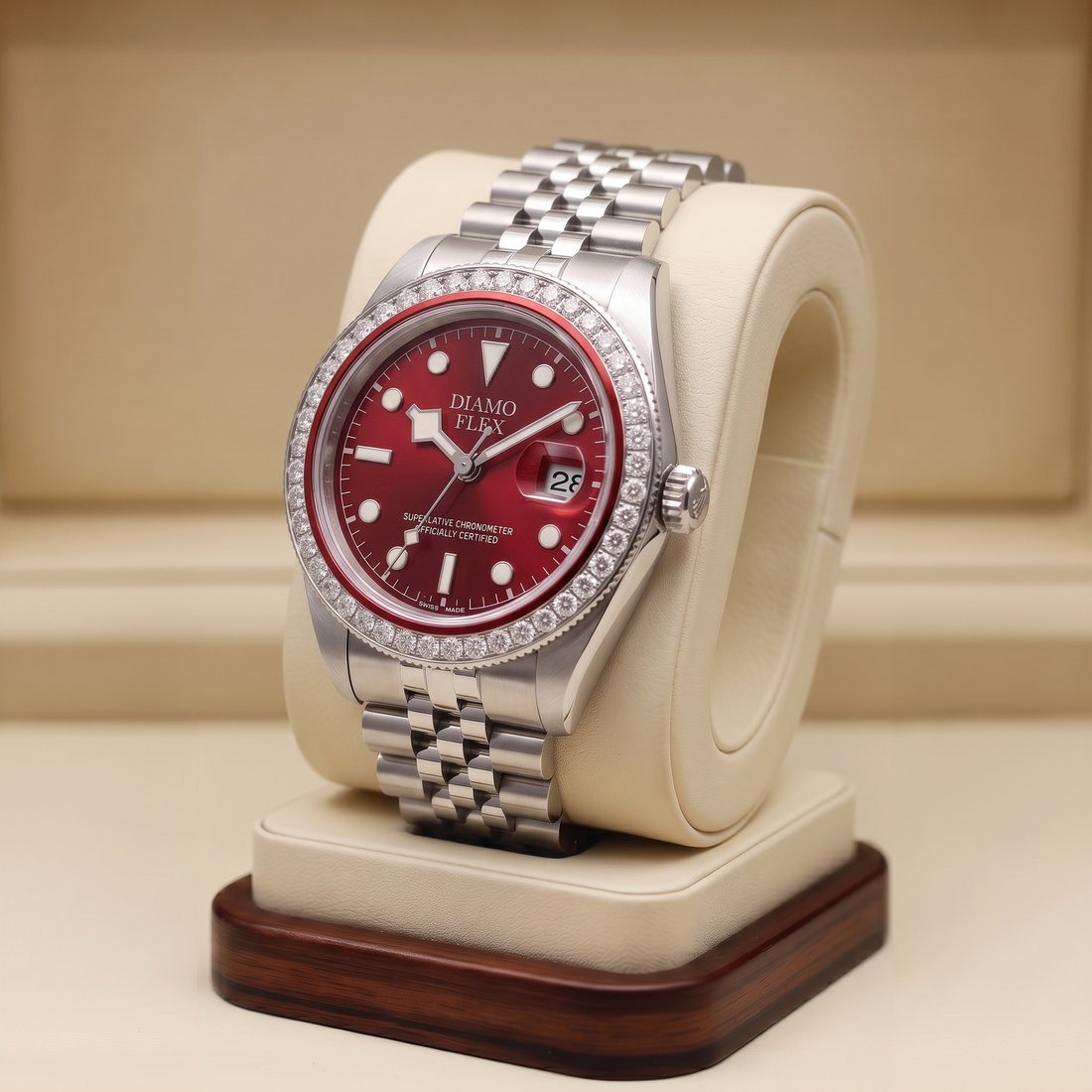 DIAMO FLEX Red Dial Luxury Watch | Round Brilliant CZ Bezel Men's Watch