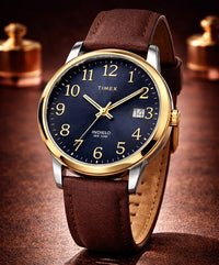 Timex watch with brown leather strap on a dark surface